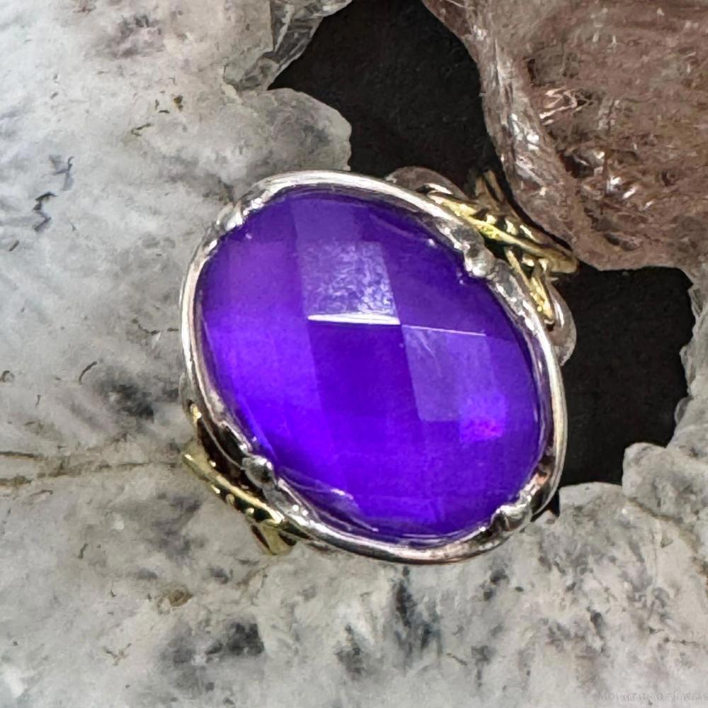 Carolyn Pollack Sterling & Brass Oval Amethyst & Clear Quartz Doublet Ring Sz 8